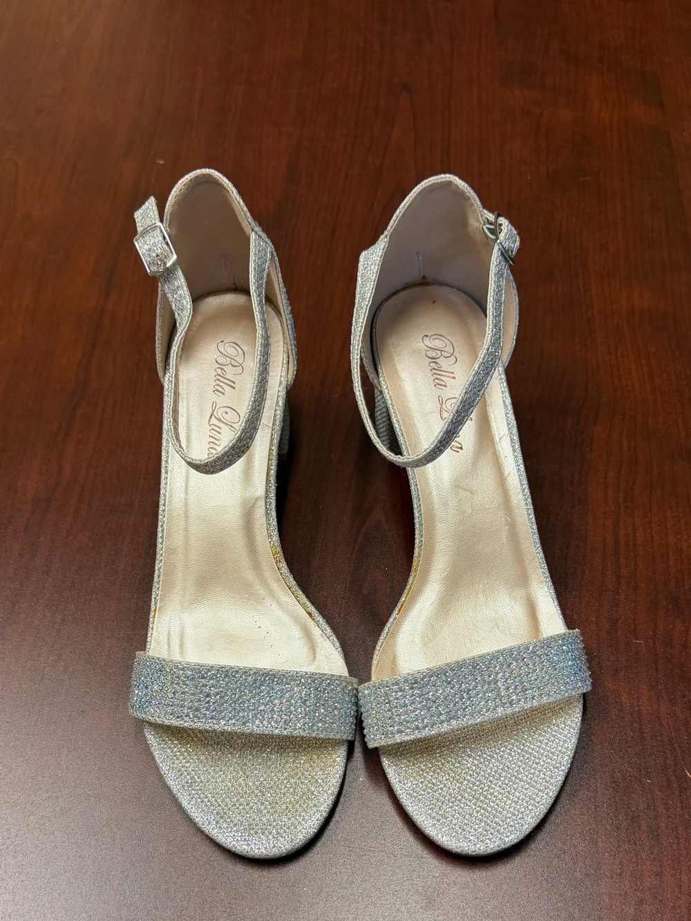 Bella Luna Rhinestone Block Heel Sandals - Silver Glitter Strap Size 8